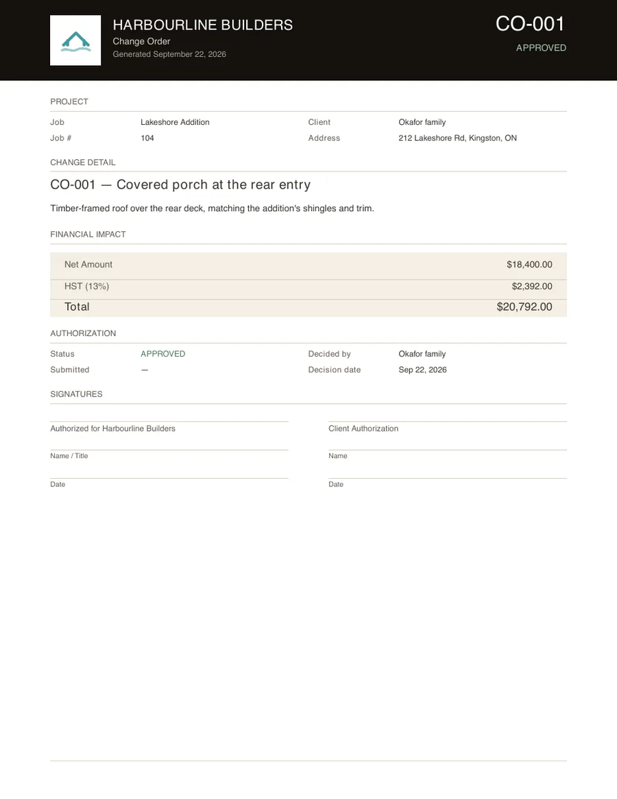 A change order PDF for a sample job: covered porch at the rear entry, $18,400.00 plus tax, approved, with signature lines.