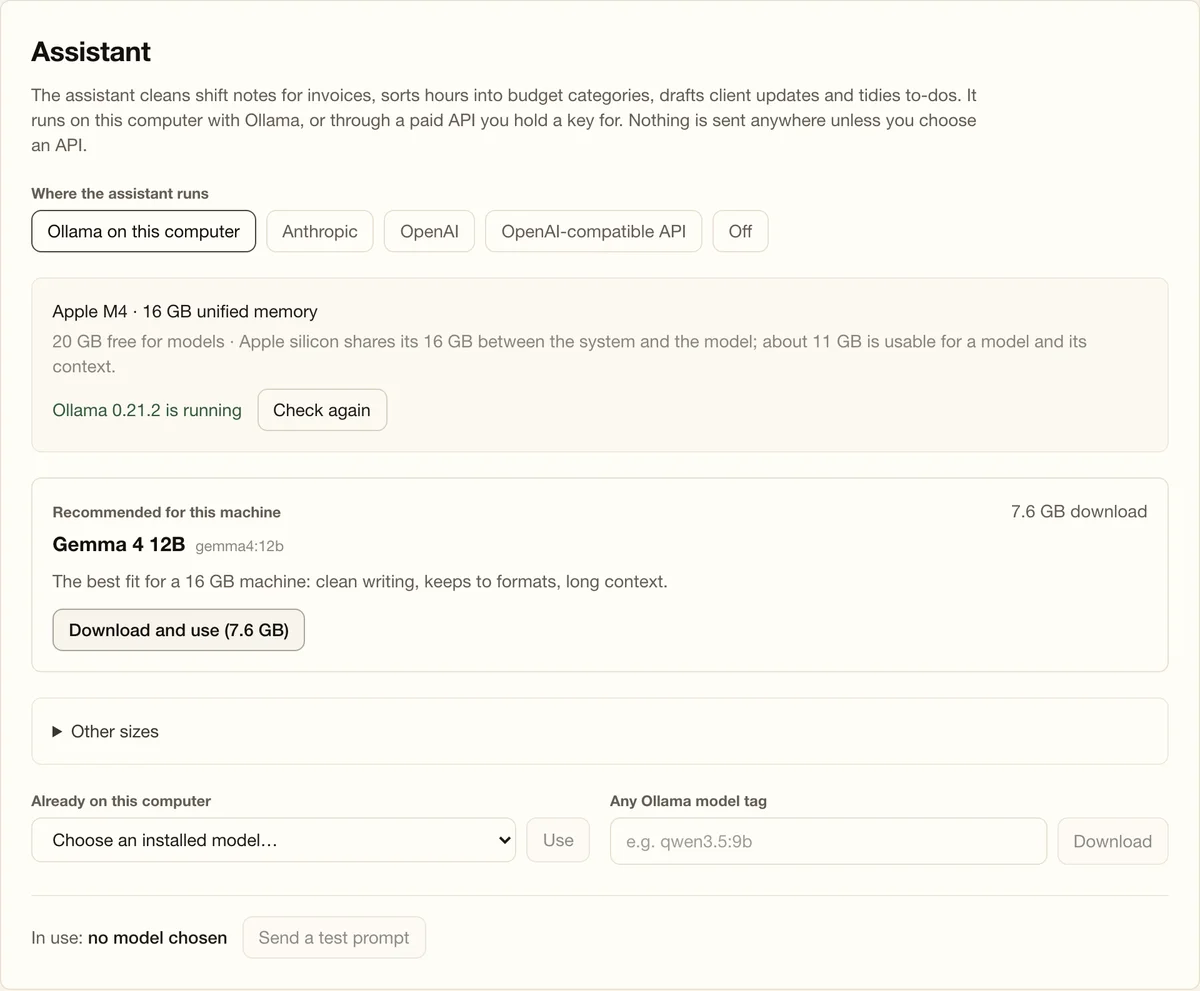 Millo's assistant settings: the computer's memory and chip, whether Ollama is running, and the recommended model with its download size.
